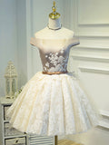 Champagne Tea Length Lace Party Dress, Off the Shoulder Evening Dress HZ0429