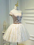 Champagne Tea Length Lace Party Dress, Off the Shoulder Evening Dress HZ0429