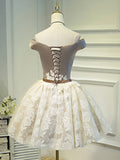 Champagne Tea Length Lace Party Dress, Off the Shoulder Evening Dress HZ0429