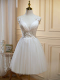 Ivory V-Neck Lace Straps Party Dress, Ivory Knee Length Prom Dress HZ0429