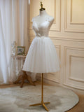 Ivory V-Neck Lace Straps Party Dress, Ivory Knee Length Prom Dress HZ0429