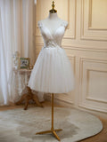 Ivory V-Neck Lace Straps Party Dress, Ivory Knee Length Prom Dress HZ0429