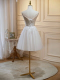 Ivory V-Neck Lace Straps Party Dress, Ivory Knee Length Prom Dress HZ0429
