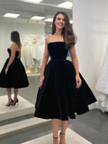 Black Strapless Velvet Short Prom Dress, Black A-Line Evening Party Dress HZ0429