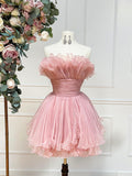 Pink Strapless Tulle Short Prom Dress, Cute A-Line Homecoming Dress HZ0429
