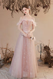 Pink Tulle Long A-line Prom Dress, Off the Shoulder Evening Dress HZ0429