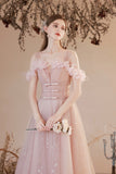 Pink Tulle Long A-line Prom Dress, Off the Shoulder Evening Dress HZ0429