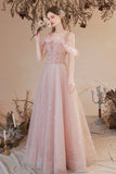 Pink Tulle Long A-line Prom Dress, Off the Shoulder Evening Dress HZ0429