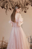 Pink Tulle Long A-line Prom Dress, Off the Shoulder Evening Dress HZ0429