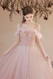 Pink Tulle Long A-line Prom Dress, Off the Shoulder Evening Dress HZ0429