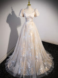 Champagne Tulle Long Formal Dresses, Champagne Short Sleeve Evening Dresses HZ0429