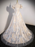 Champagne Tulle Long Formal Dresses, Champagne Short Sleeve Evening Dresses HZ0429