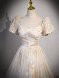 Champagne Tulle Long Formal Dresses, Champagne Short Sleeve Evening Dresses HZ0429