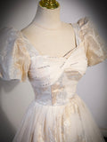 Champagne Tulle Long Formal Dresses, Champagne Short Sleeve Evening Dresses HZ0429