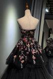 Black Tiered Tulle Ball Gown, A-Line Floral Embellished Evening Dress HZ0429
