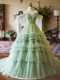 A-Line Green Tulle Long Party Dress, Off the Shoulder Formal Evening Dress HZ0429