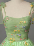 Green Floral Tulle Long Prom Dress, Beautiful Spaghetti Strap Formal Evening Dress HZ0429