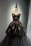 Black Tiered Tulle Ball Gown, A-Line Floral Embellished Evening Dress HZ0429