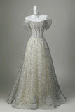 Off-the-Shoulder Silver Sequin Ball Gown with Beaded Corset HZ0429