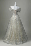 Off-the-Shoulder Silver Sequin Ball Gown with Beaded Corset HZ0429
