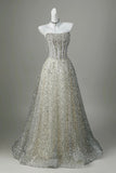 Off-the-Shoulder Silver Sequin Ball Gown with Beaded Corset HZ0429