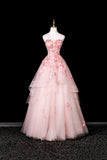 Sweetheart Neck Pink 3D Floral Applique Layered Tulle Ball Gown with Hooded Veil HZ0429