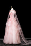 Sweetheart Neck Pink 3D Floral Applique Layered Tulle Ball Gown with Hooded Veil HZ0429