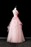 Sweetheart Neck Pink 3D Floral Applique Layered Tulle Ball Gown with Hooded Veil HZ0429