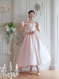 Lovely Satin Tea Length Prom Dress, Pink Off the Shoulder Evening Party Dress with Bows HZ0429