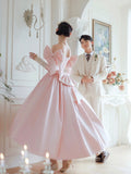 Lovely Satin Tea Length Prom Dress, Pink Off the Shoulder Evening Party Dress with Bows HZ0429