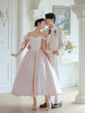 Lovely Satin Tea Length Prom Dress, Pink Off the Shoulder Evening Party Dress with Bows HZ0429