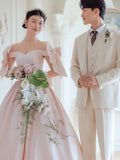 Lovely Satin Tea Length Prom Dress, Pink Off the Shoulder Evening Party Dress with Bows HZ0429