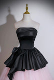 Elegant Black and Pink Strapless Prom Dress, Floor-Length Tulle Ball Gown HZ0429