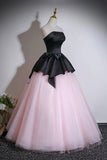 Elegant Black and Pink Strapless Prom Dress, Floor-Length Tulle Ball Gown HZ0429