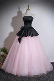 Elegant Black and Pink Strapless Prom Dress, Floor-Length Tulle Ball Gown HZ0429