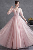 Pink Tulle V-Neck Long Prom Dress, A-Line 1/2 Sleeves Evening Dress HZ0429