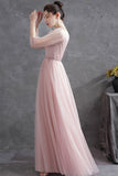 Pink Tulle V-Neck Long Prom Dress, A-Line 1/2 Sleeves Evening Dress HZ0429