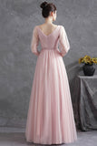 Pink Tulle V-Neck Long Prom Dress, A-Line 1/2 Sleeves Evening Dress HZ0429
