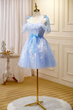 Blue Lace Knee Length Prom Dress, Lovely A-Line Homecoming Dress HZ0429