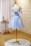 Blue Lace Knee Length Prom Dress, Lovely A-Line Homecoming Dress HZ0429