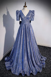 Blue Long A-Line Prom Dress, Simple V-Neck Short Sleeve Evening Dress HZ0429