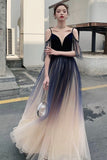 Blue Ombre Tulle V-Neck Long Party Dress, A-line Prom Dress HZ0429
