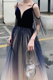 Blue Ombre Tulle V-Neck Long Party Dress, A-line Prom Dress HZ0429