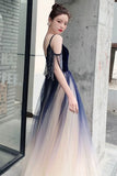 Blue Ombre Tulle V-Neck Long Party Dress, A-line Prom Dress HZ0429