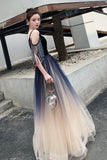 Blue Ombre Tulle V-Neck Long Party Dress, A-line Prom Dress HZ0429