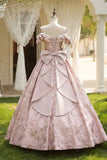 Dusty Pink Floral Jacquard Prom Dress Off-the-Shoulder Big Bow Princess Ball Gown HZ0429