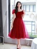 Burgundy Velvet Tulle Short Prom Dress, Off Shoulder Knee Length Party Dress HZ0429