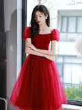Burgundy Velvet Tulle Short Prom Dress, Off Shoulder Knee Length Party Dress HZ0429