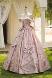 Dusty Pink Floral Jacquard Prom Dress Off-the-Shoulder Big Bow Princess Ball Gown HZ0429