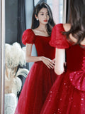 Burgundy Velvet Tulle Short Prom Dress, Off Shoulder Knee Length Party Dress HZ0429